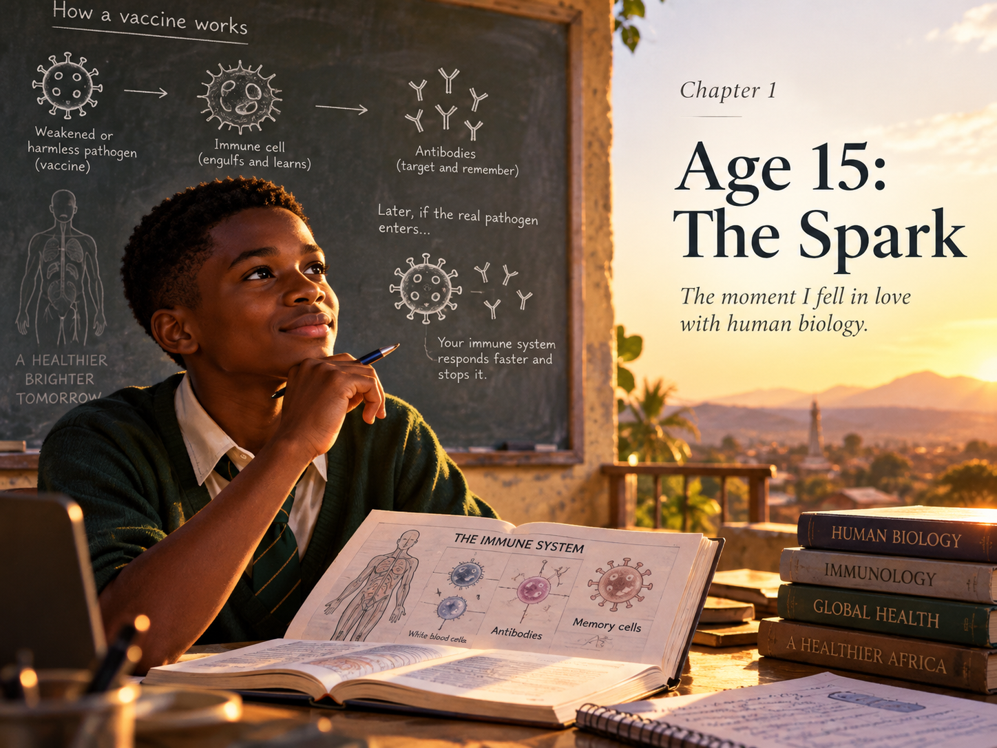 Illustration for Age 15: The Spark. A student studies vaccine and immune-system diagrams beside an open human biology book.