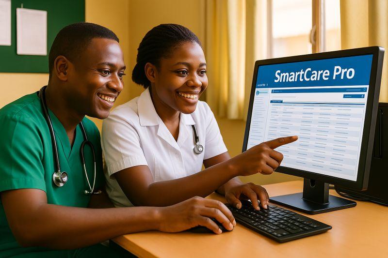 Illustrative image of two clinicians using a computer displaying SmartCare Pro.